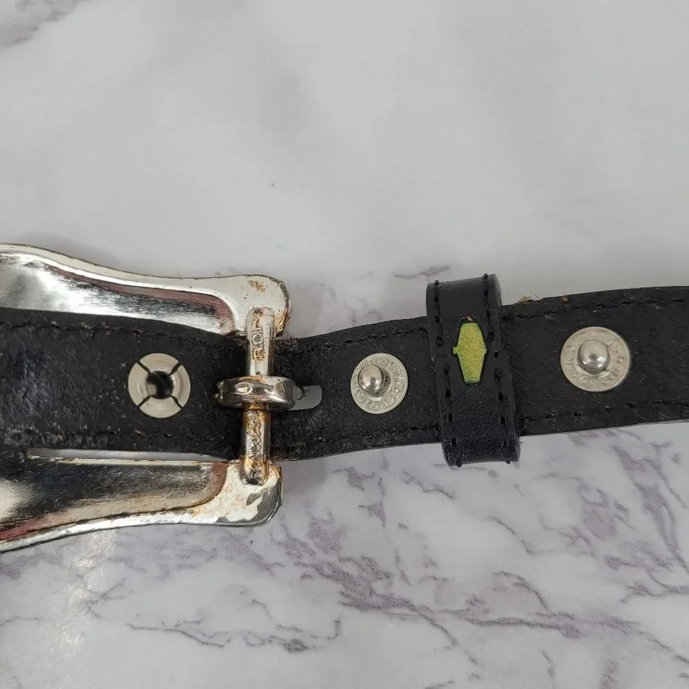 Justin Vintage Cowhide Black Leather Belt with Silver Buckle Conchos Aztec Inlay